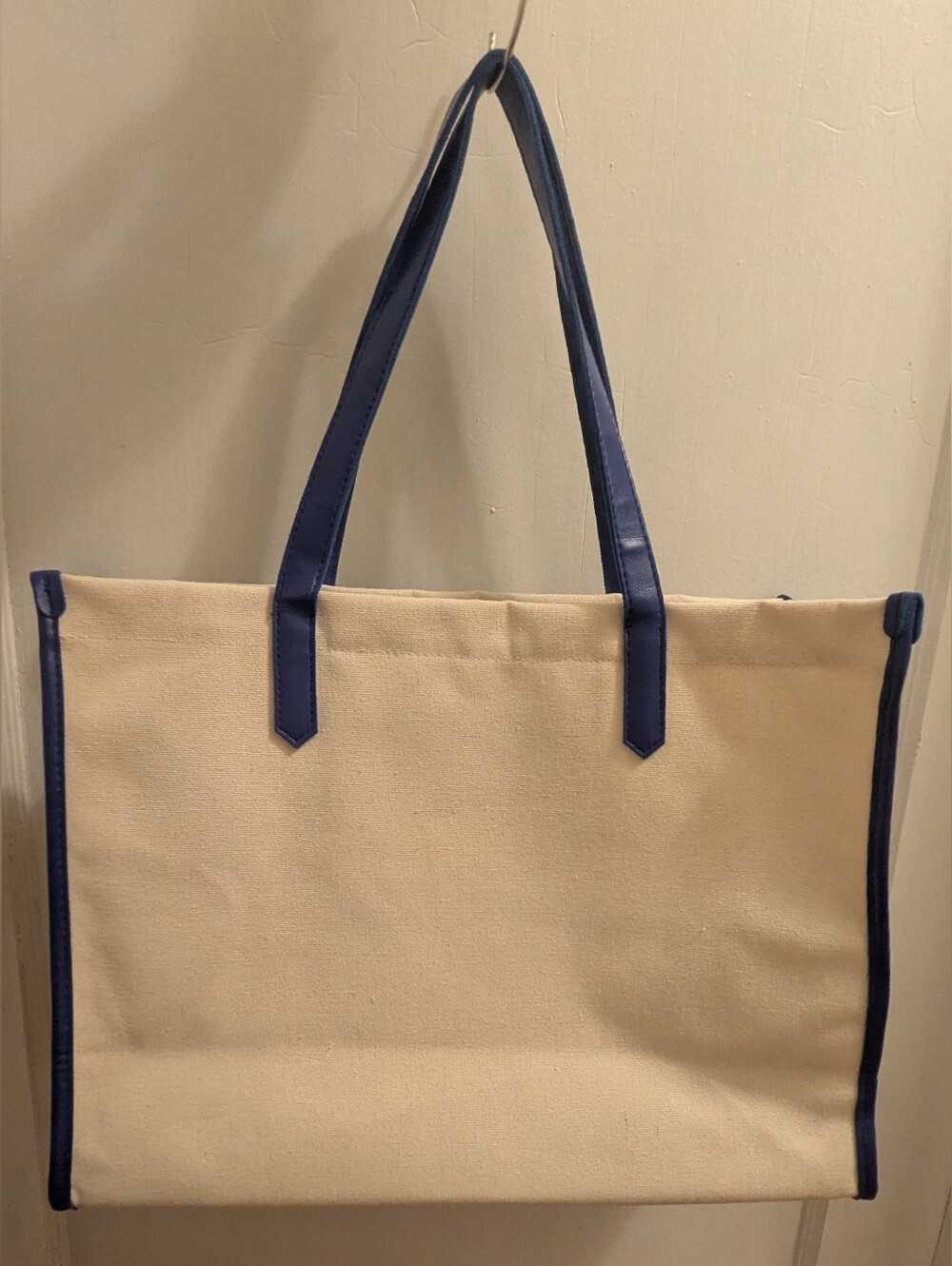 Bloomingdale's Ivory Blue Canvas Large Shopper Tote Bag 16" x 11.5" x 6"